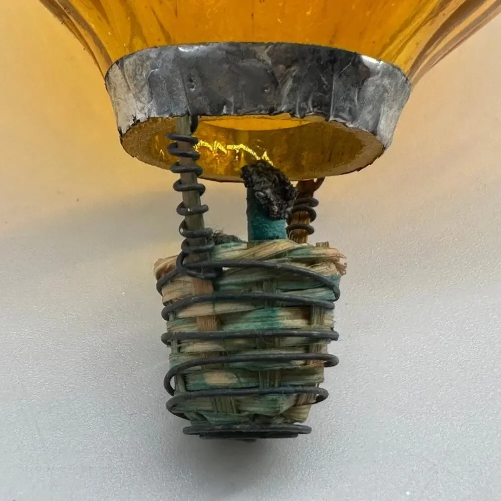 Amber Blown Glass Hot Air Balloon Hanging Ornament Wire Woven Basket Art Glass